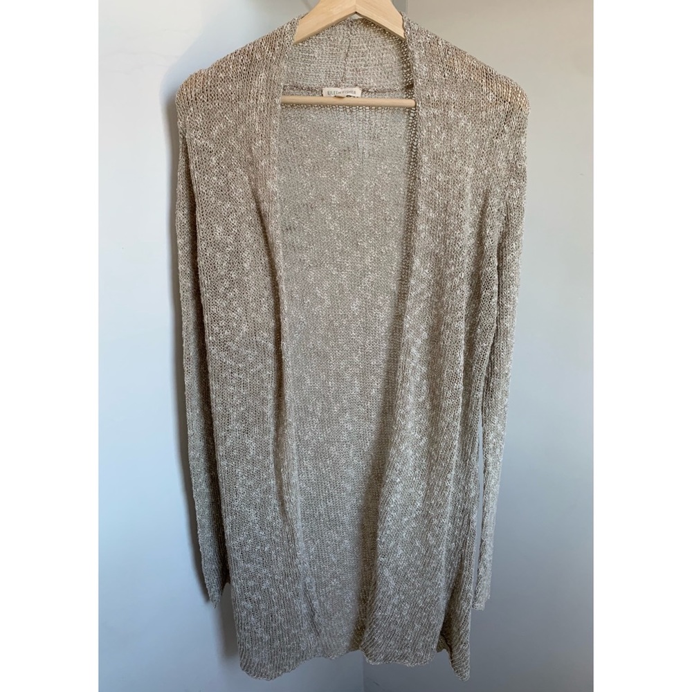 Eileen Fisher • M • Cotton Linen Blend Knit Open Cardigan Long Line Sweater